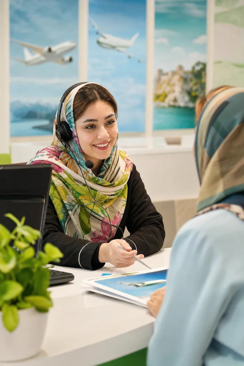 کارشناس پشتیبانی آژانس با هدست در حال پاسخ به مشتری