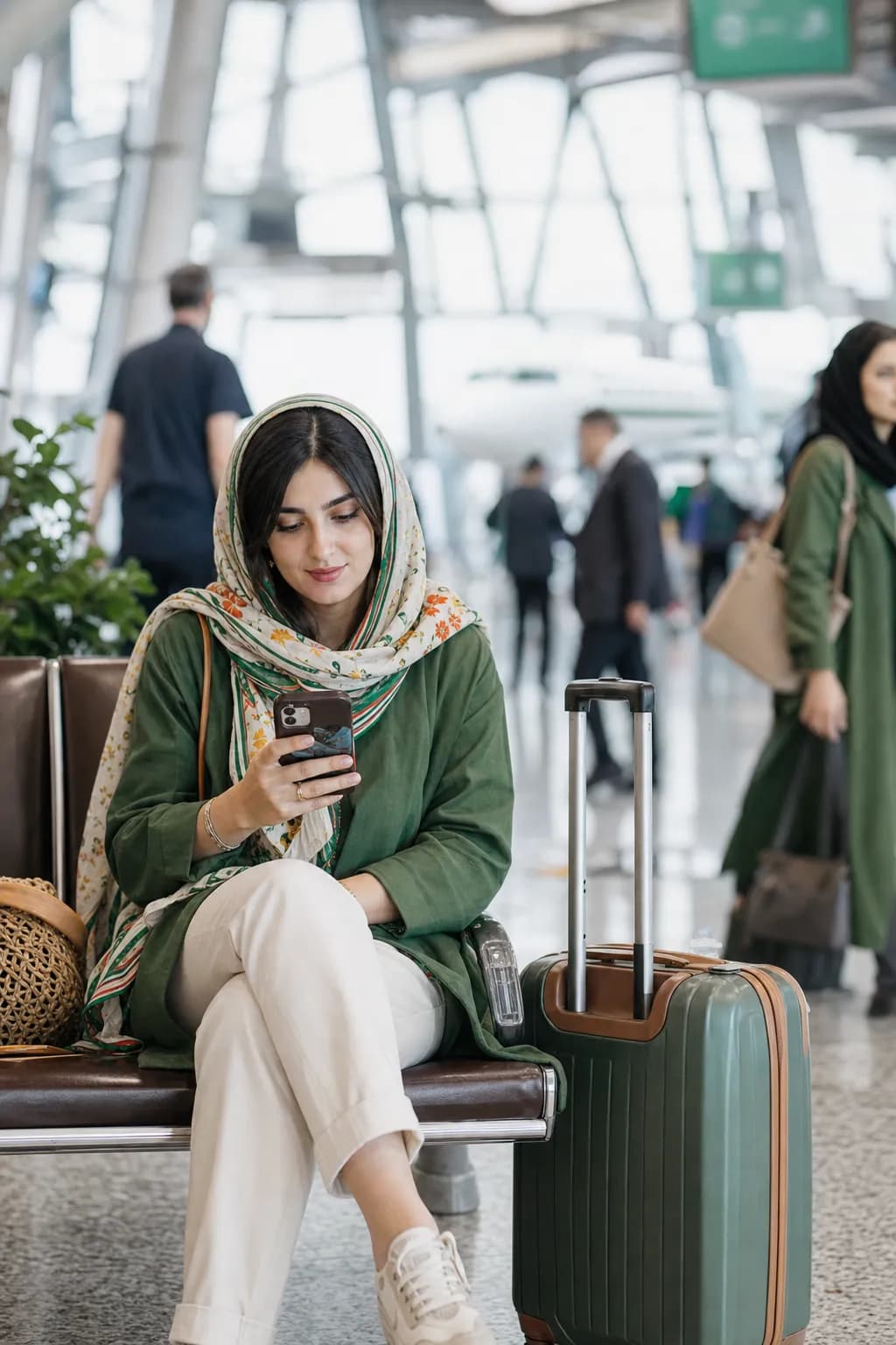 مسافری در فرودگاه که رزروش را روی گوشی می‌بیند