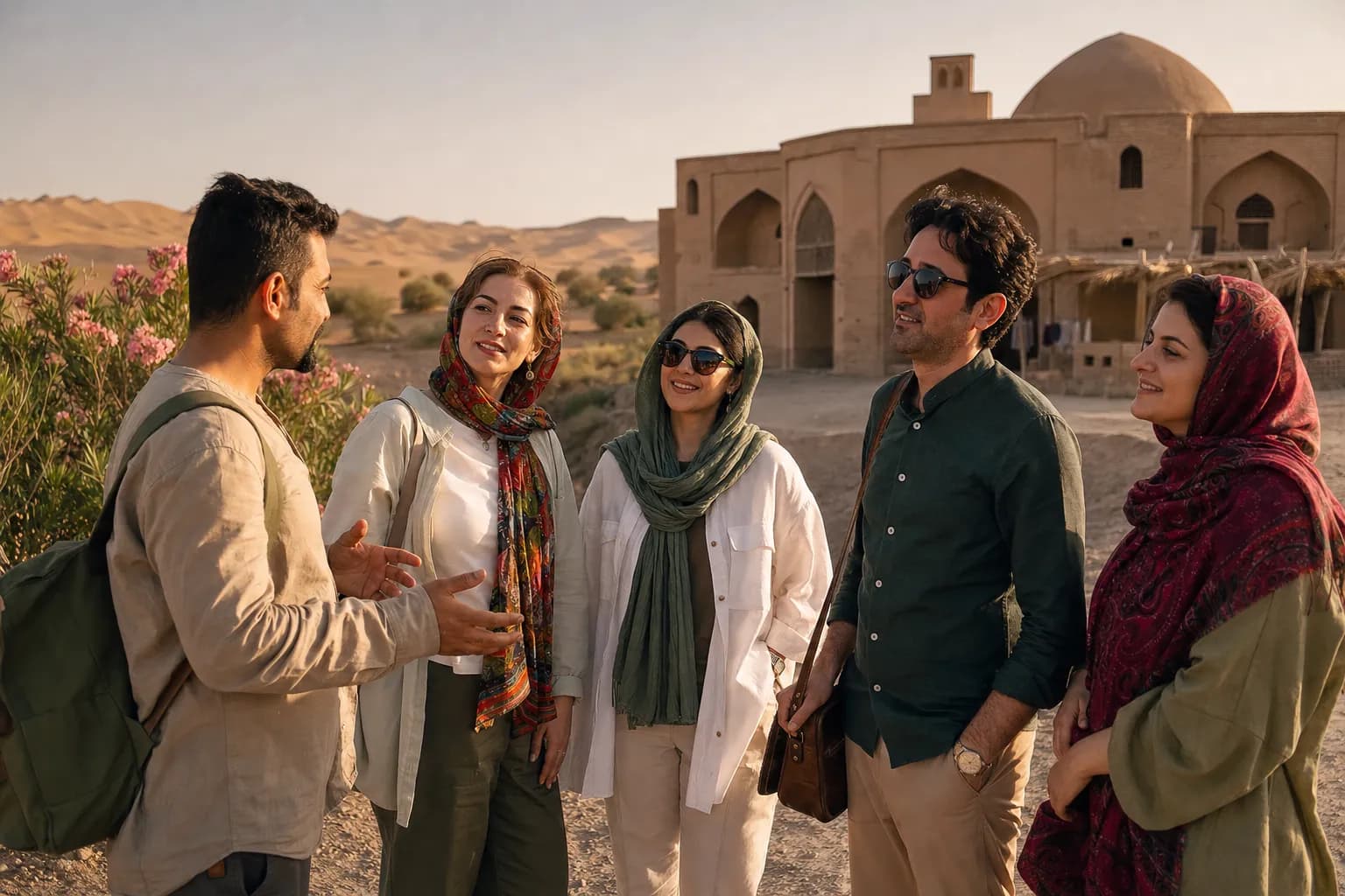 گروه مسافران با راهنمای محلی در گشت یکروزهی کویر