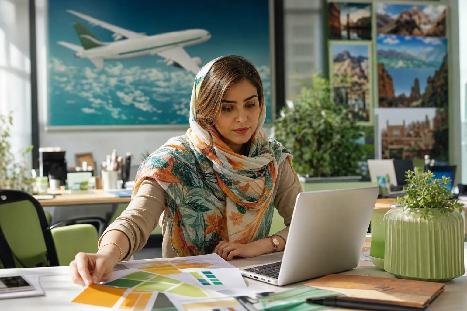 صاحب آژانس در حال انتخاب نام و رنگ برند سایتش روی لپتاپ