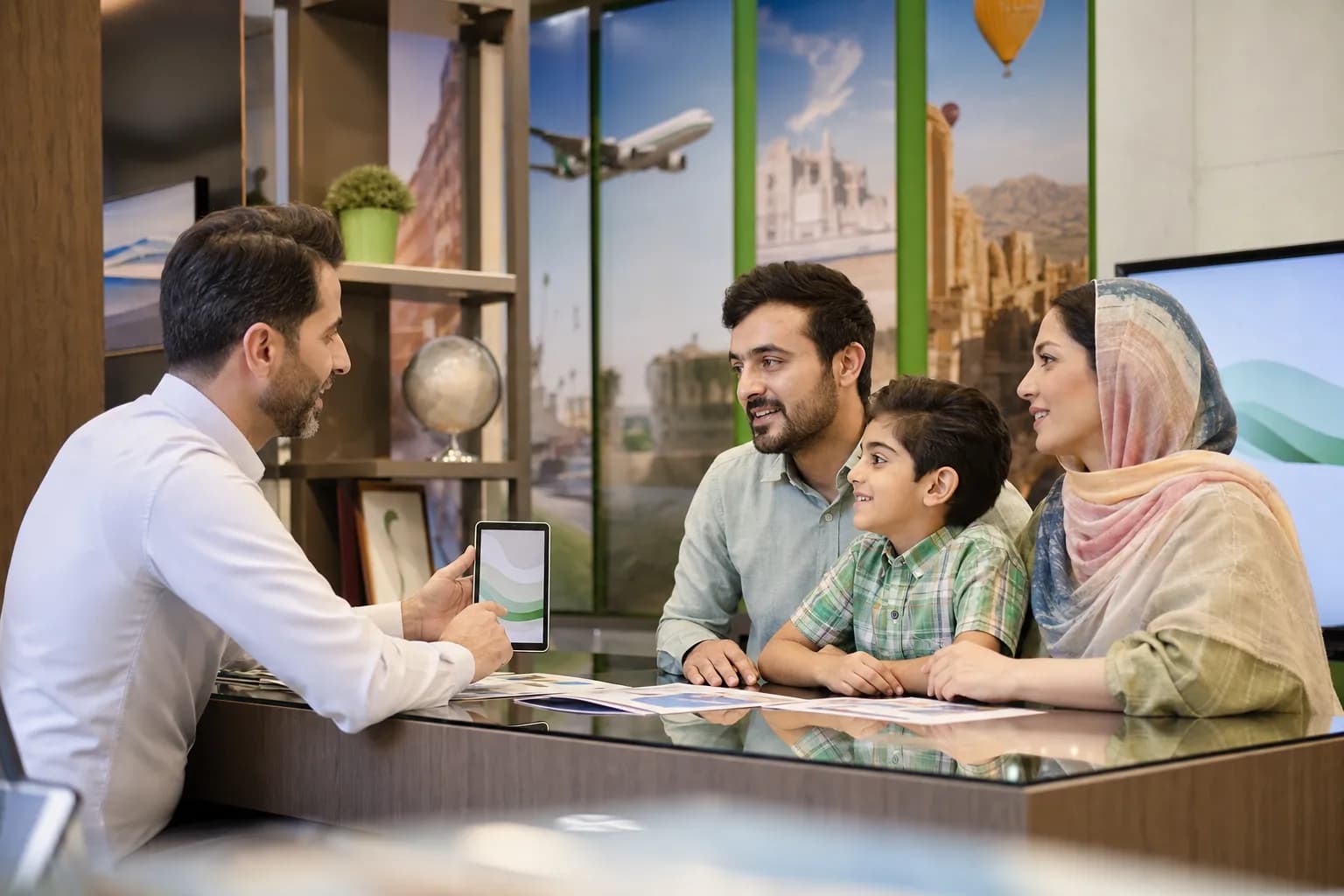 خانوادهای پشت کانتر یک آژانس مسافرتی در حال رزرو سفر